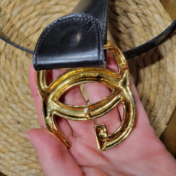 Vintage Gucci Logo Wide Black Leather Belt Gold GG Size 70 main image 11